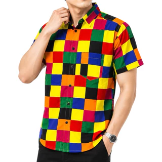 เสื้อเชิ๊ตเเขนสั้นคอปกสลับสีเเนววินเทจลายสก๊อต M-2XL