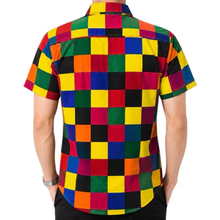 เสื้อเชิ๊ตเเขนสั้นคอปกสลับสีเเนววินเทจลายสก๊อต M-2XL