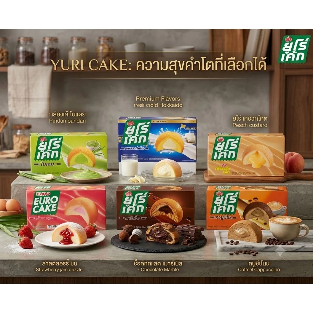 ยูโร่เค้ก แพ็ค 12 ชิ้น พัฟเค้กสอดไส้ครีม เนื้อนุ่มละมุน หอมหวาน อร่อยเต็มคำ มีให้เลือก 6 รสชาติยอดฮิต