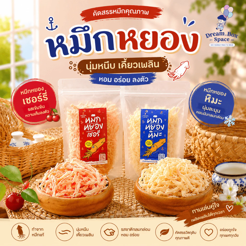หมึกหยอง 2 รสยอดฮิต หิมะ/เชอรี่ ของกินเล่น ขนมทะเลพรีเมียม เนื้อนุ่มฟู หอม อร่อย เคี้ยวเพลิน พร้อมทาน