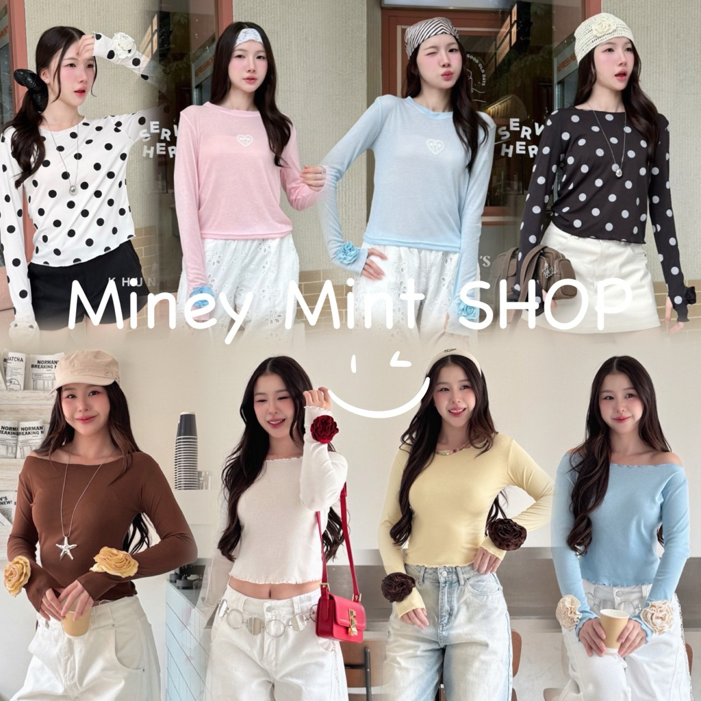 miniminey เสื้อแขนยาวแต่งดอกไม้ปลายแขน 2 ข้าง งานน่ารัก สีหวานพาสเทล
