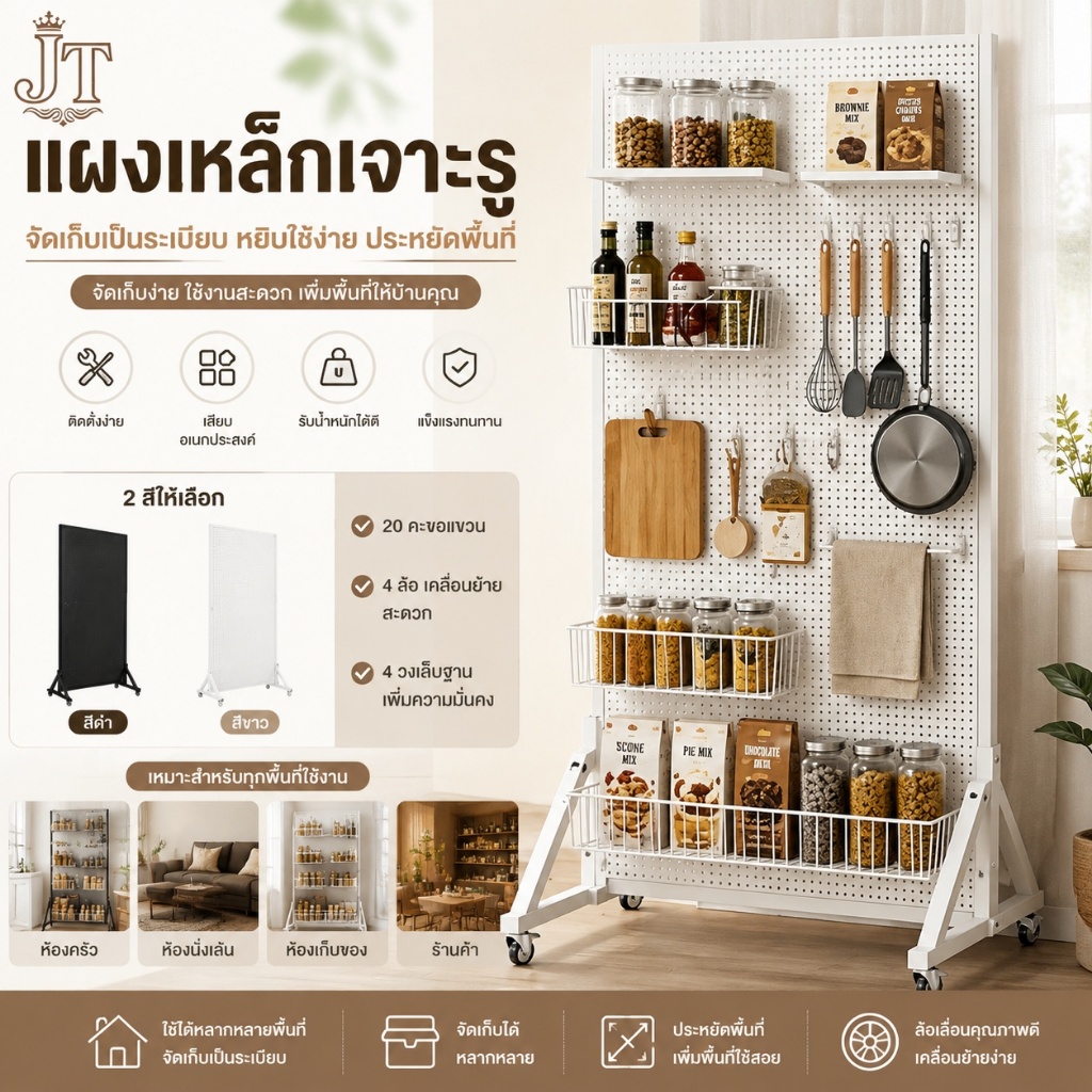 สแตนโชว์สินค้า Pegboard Hook แขวนชั้นวางขาตั้งพร้อมล้อเคลื่อนย้ายได้สีขาว / ดํา 40*100 ซม./50 * 120 ซม. ส่งเร็วจาก