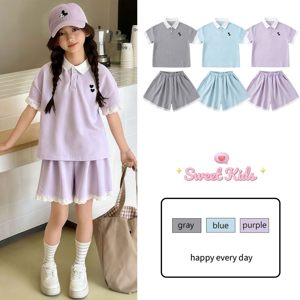 SweetKids พร้อมส่งจากกทม ชุดเสื้อผ้าฤดูร้อนสำหรับเด็กผู้หญิง เสื้อโปโลแขนสั้นจับคู่กับกางเกงขาสั้น ดีไซน์สไตล์เกาหลี