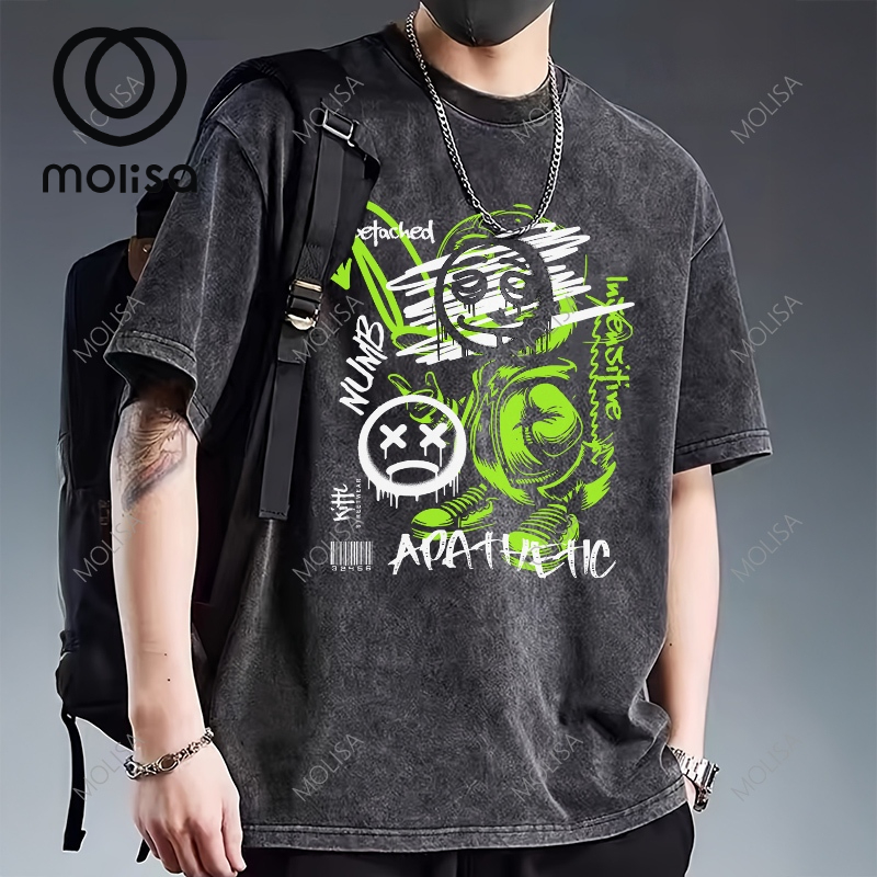 Molisa เสื้อยืดผ้าฟอก Graffiti T shirt เสื้อผู้ชายเท่ๆ เกรดพรีเมียม เสื้อยืด มินิมอล คอกลม แขนสั้น 68112#