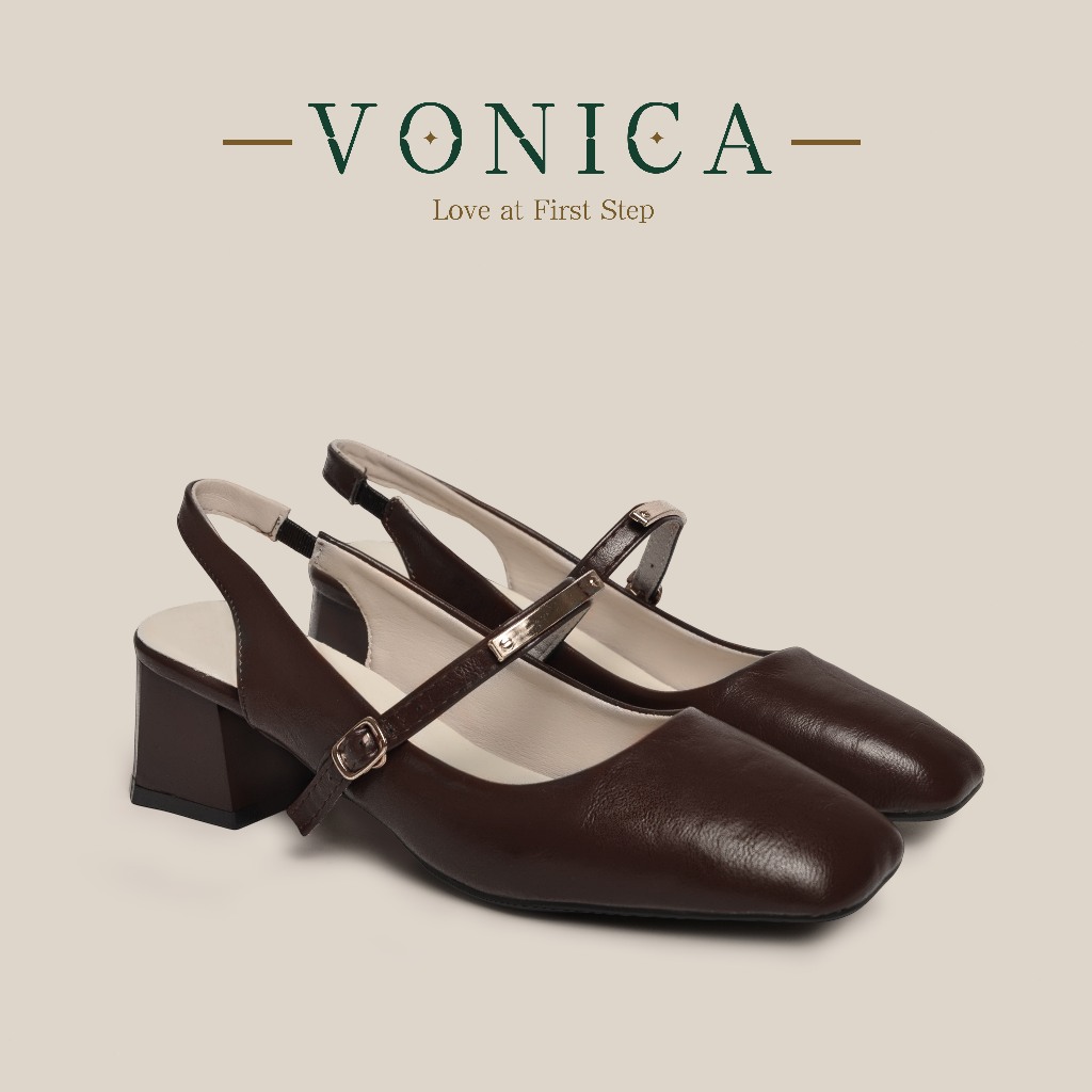 VONICA รองเท้าแมรี่เจนเปิดส้นสีน้ำตาลเข้ม รองเท้าสตรีสไตล์เรียบหรู หัวเหลี่ยม 3สี ไซส์ 35-41