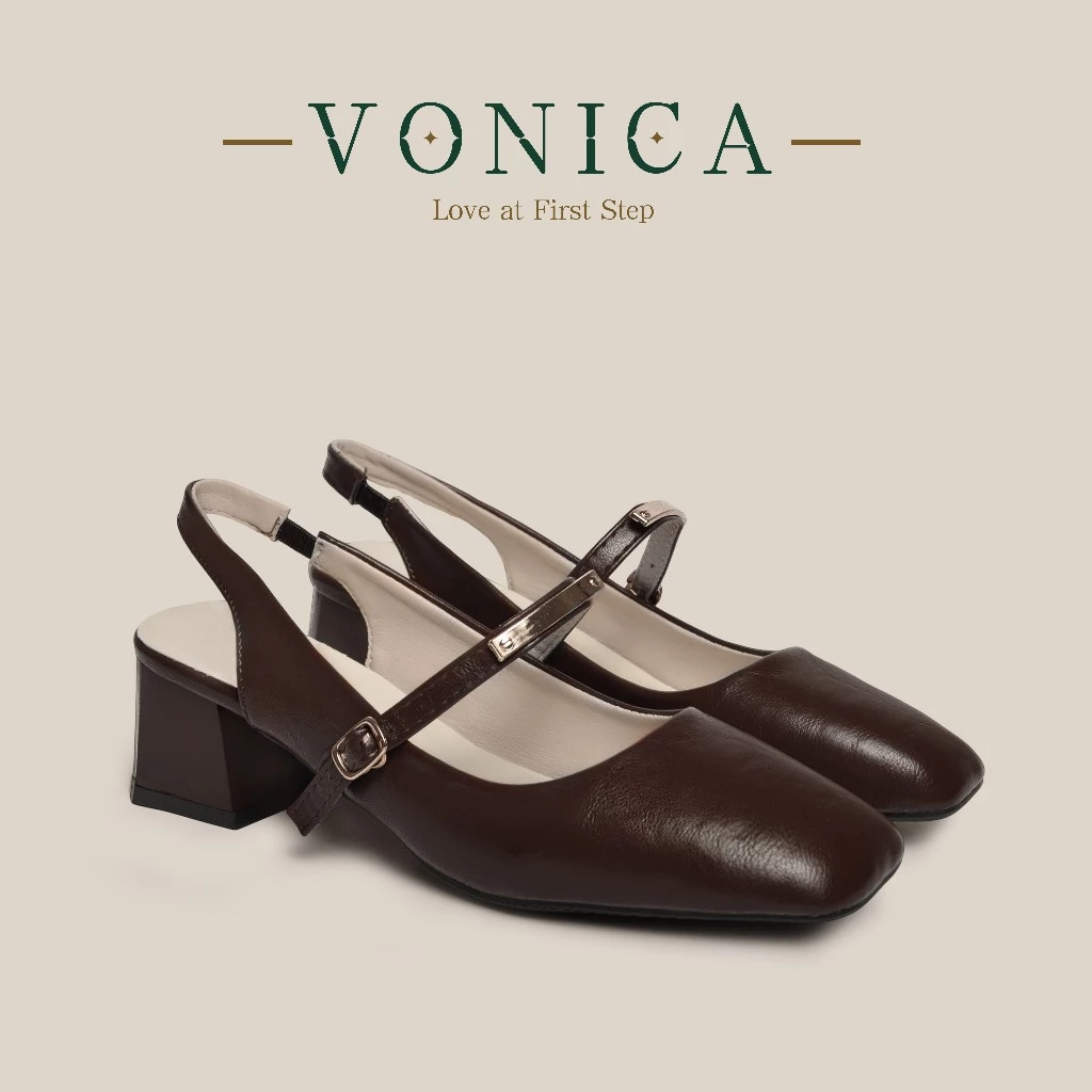 VONICA รองเท้าแมรี่เจนเปิดส้นสีน้ำตาลเข้ม รองเท้าสตรีสไตล์เรียบหรู หัวเหลี่ยม 3สี ไซส์ 35-41