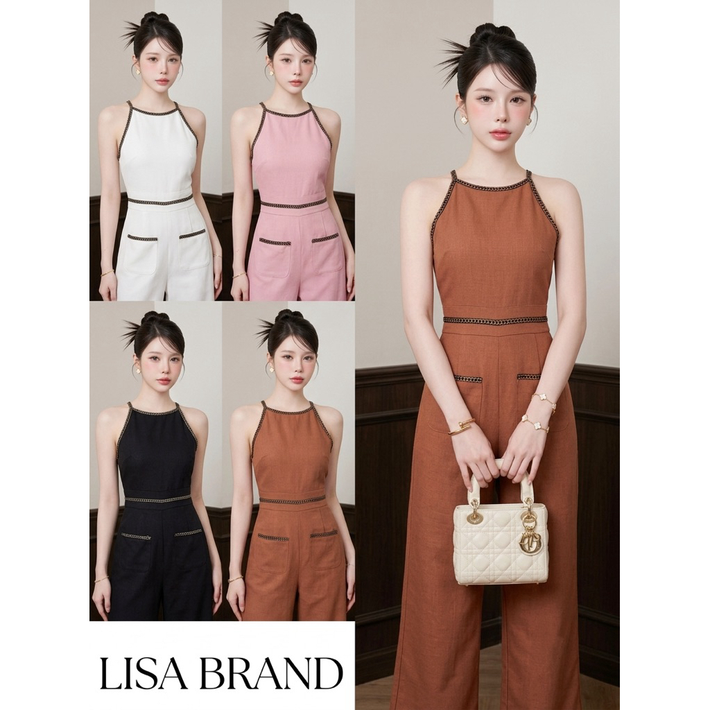 [LISA] A1059 ชุดจั๊มกางเกงขายาวแขนกุดดีเทลแต่งกระเป๋าหน้าแต่งซิปซ่อนด้านหลัง ทรงสวยหรูดูแพงผู้ดี ใส่เที่ยว คาเฟ่ ทำงาน