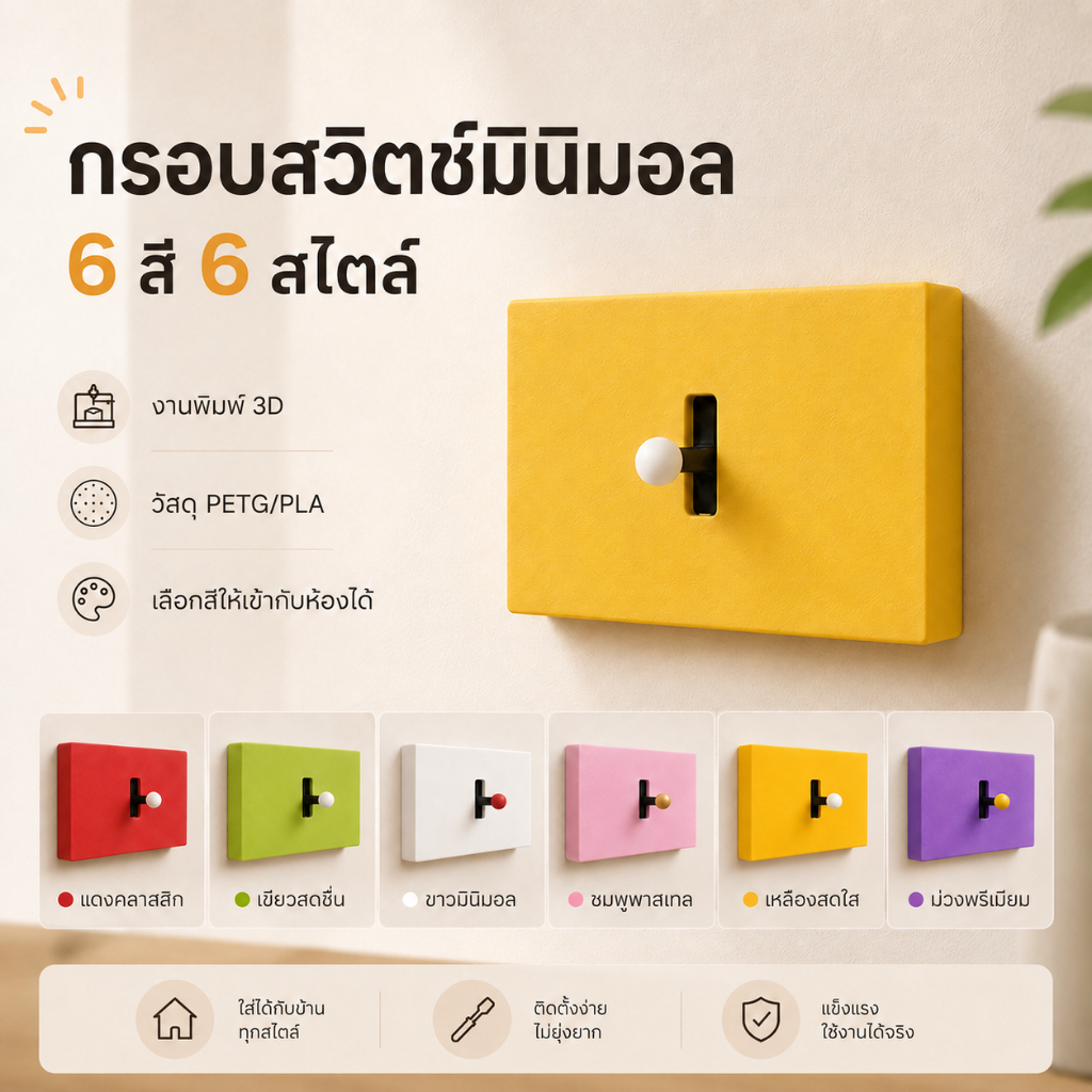 กรอบไฟ 3D Print ดีไซน์มินิมอลแนวเกม สำหรับสวิตช์ไฟไทย (รุ่นหัวกลม) แต่งสวิตช์ไฟเก่าให้ดูใหม่ ติดง่ายไม่ต้องเจาะ