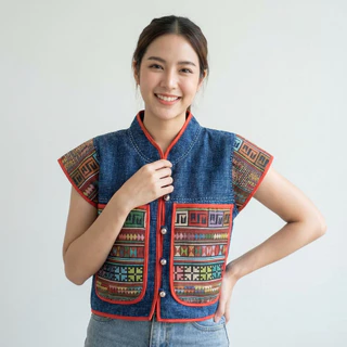 🌿 มนต์เสน่ห์ล้านนา 🌿 เสื้อคอจีนกุ้นแดงแขนเลย ผ้าฝ้ายพื้นเมืองสโตนวอช เนื้อนุ่ม ใส่สบาย