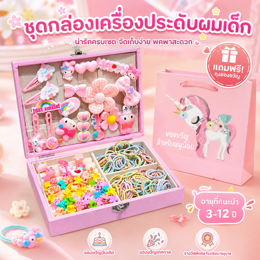 Kuromi ชุดเครื่องประดับผม 156PCS ลายการ์ตูนน่ารัก กิ๊บติดผมและยางรัดผม กล่องน่ารัก วัสดุทนทาน รับกล่องของขวัญฟ