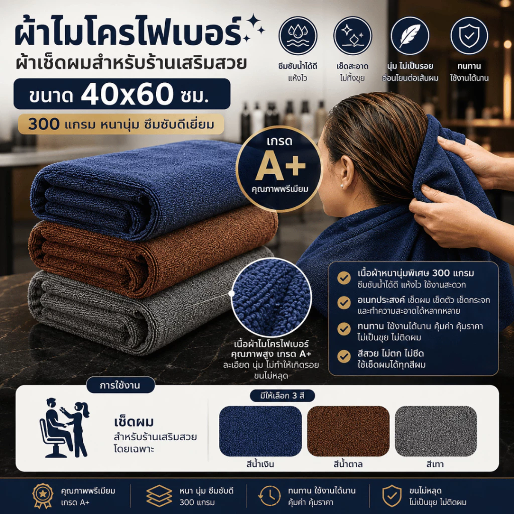 ผ้าเช็ดผมสำหรับร้านเสริมสวย ไมโครไฟเบอร์ 40x60 ซม. 300GSM เกรด A+ ซับน้ำดี ขนไม่หลุด ผ้าเช็ดผมคุณภาพพรีเมียม สำหรับร้านเ