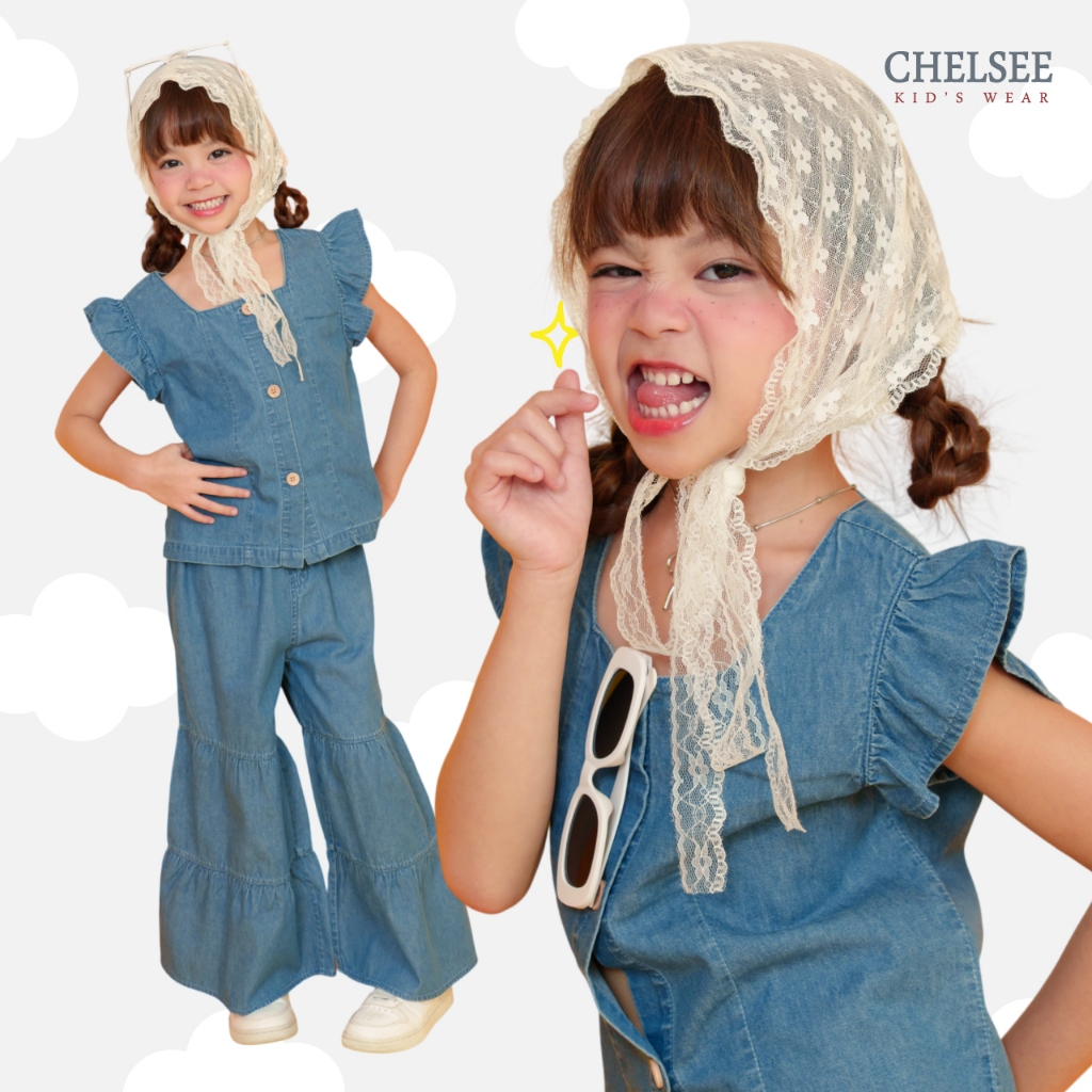 Chelsee เสื้อยีนส์ กางเกงยีนส์ขาบาน แขนระบาย ยีนส์นิ่ม เบา อายุ 1.5-10ปี เด็กผู้หญิง เสื้อผ้าเด็กโต รุ่น 238259/238260