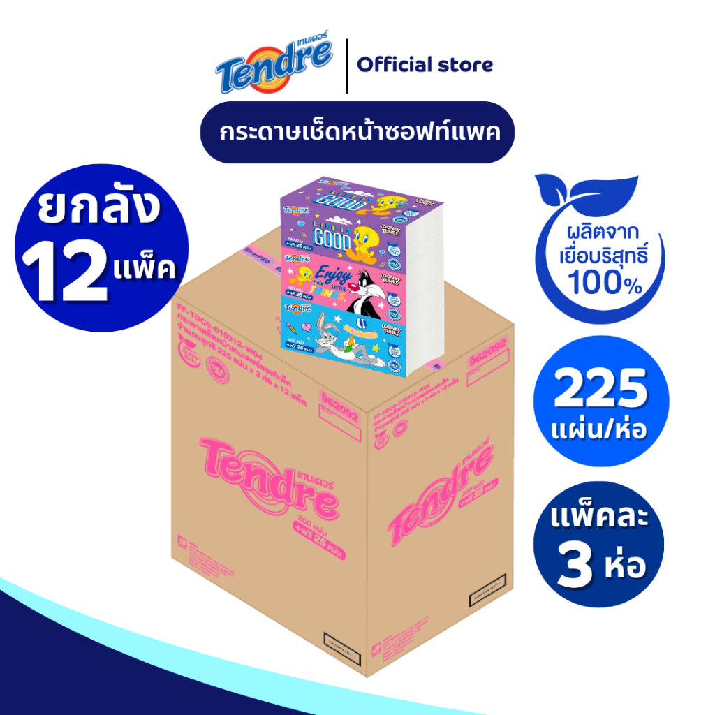 ( ยกลัง 12 แพ็ค ) เทนเดอร์ กระดาษทิชชู่เช็ดหน้าลูนี่ตูนส์ รุ่น 225 แผ่น Facial Tissue Soft Pack