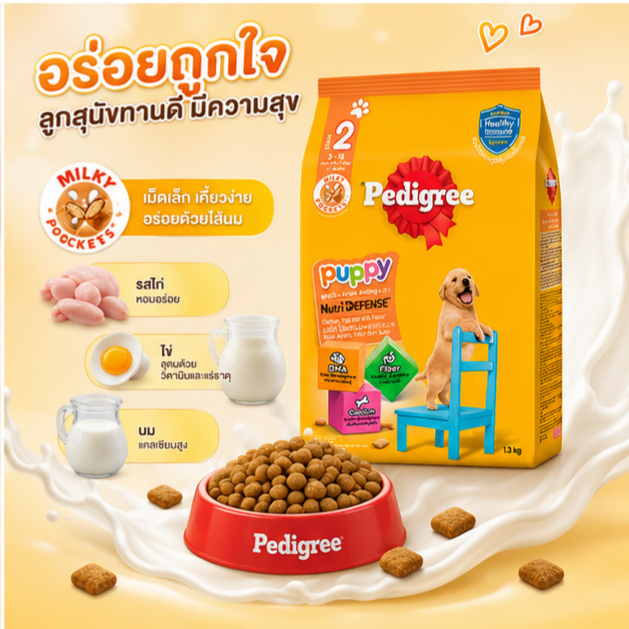 Pedigree Puppy เพดดิกรี อาหารลูกสุนัขชนิดเม็ด รสไก่ไข่และนม 1.3 kg