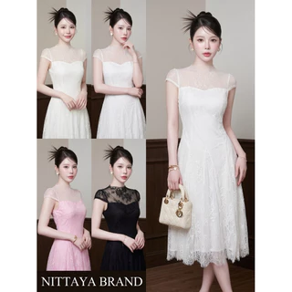 [NITTAYA] D2830 ชุดเดรสกระโปรงยาวคอกลมแขนลํ้าผ้าลูกไม้ซีทรู สวยหรู ใส่ออกงาน งานแต่ง ดินเนอร์