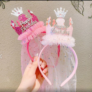 ที่คาดผมมงกุฎเจ้าหญิง Happy Birthday สไตล์เกาหลี กลิตเตอร์วิ้ง พร้อมผ้าคลุม สำหรับเด็กผู้หญิง (GP)