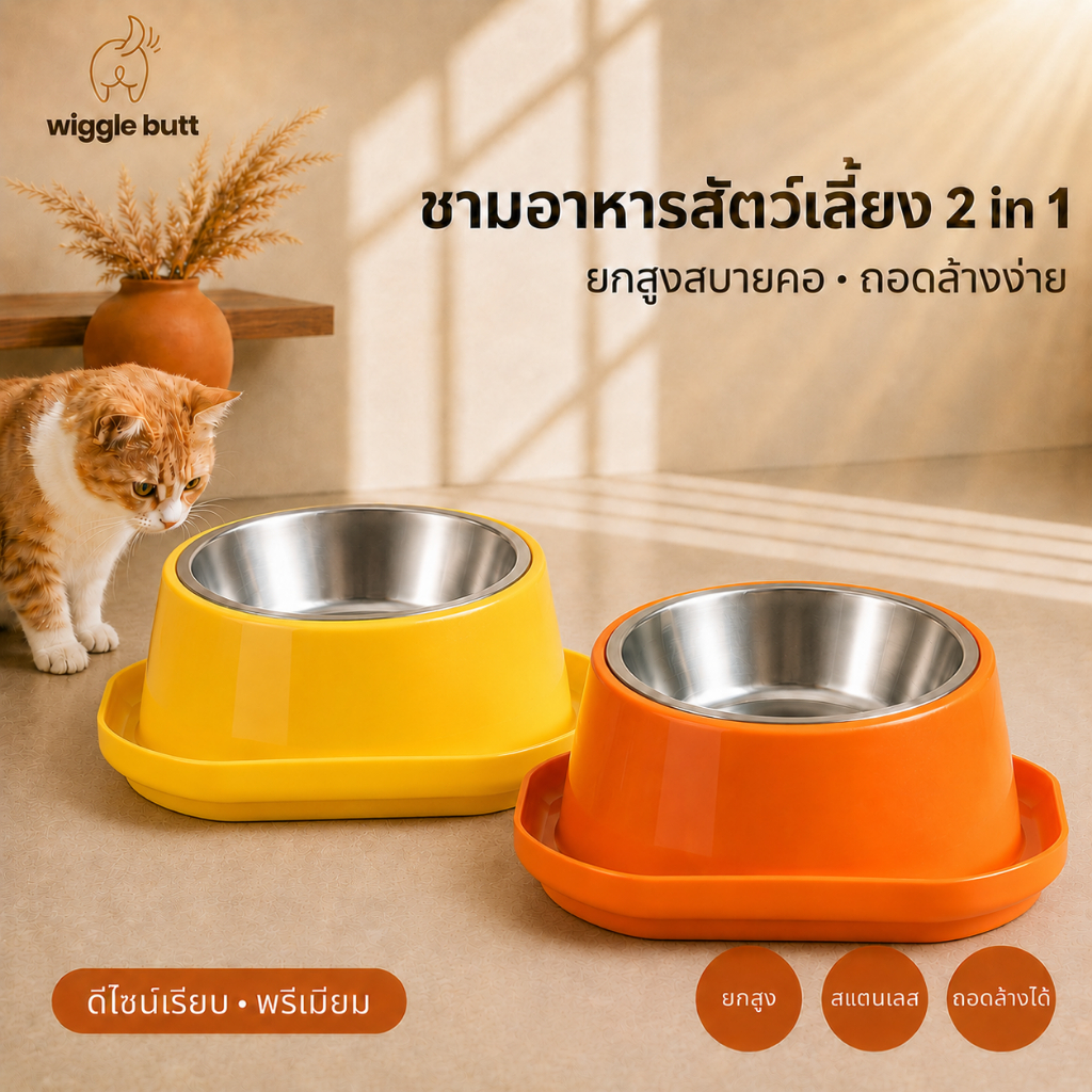 [WiggleButt]ชามใส่อาหารสำหรับสัตว์เลี้ยง ชามกันมด ถ้วยข้าวแมว วัสดุสแตนเลส กันมด กันหก ถอดล้างได้