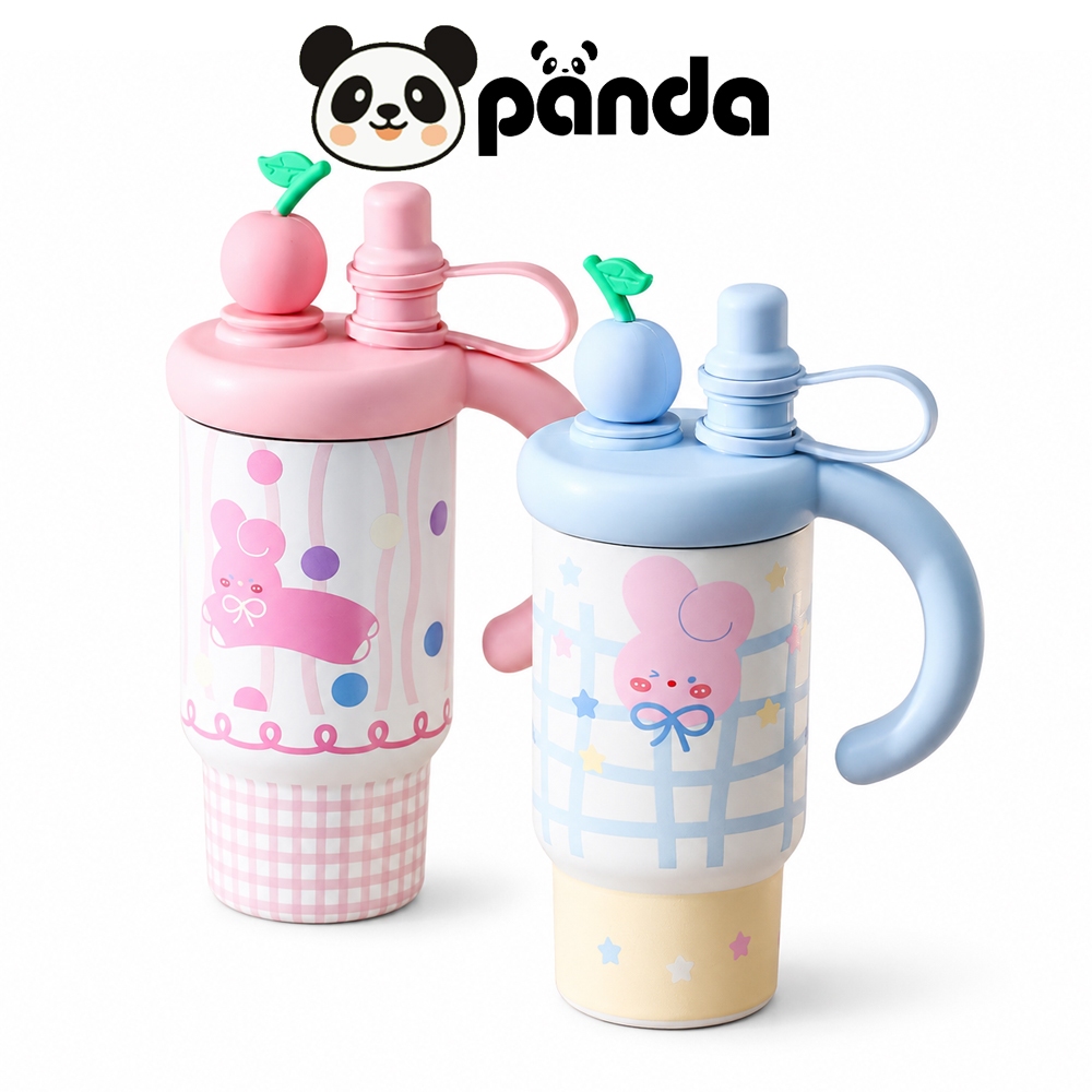 PANDA รุ่นใหม่ แก้วเก็บความร้อน ความจุสูง800ML สแตนเลส316 พร้อมที่จับ ตัวถ้วยมีลวดลายน่ารัก