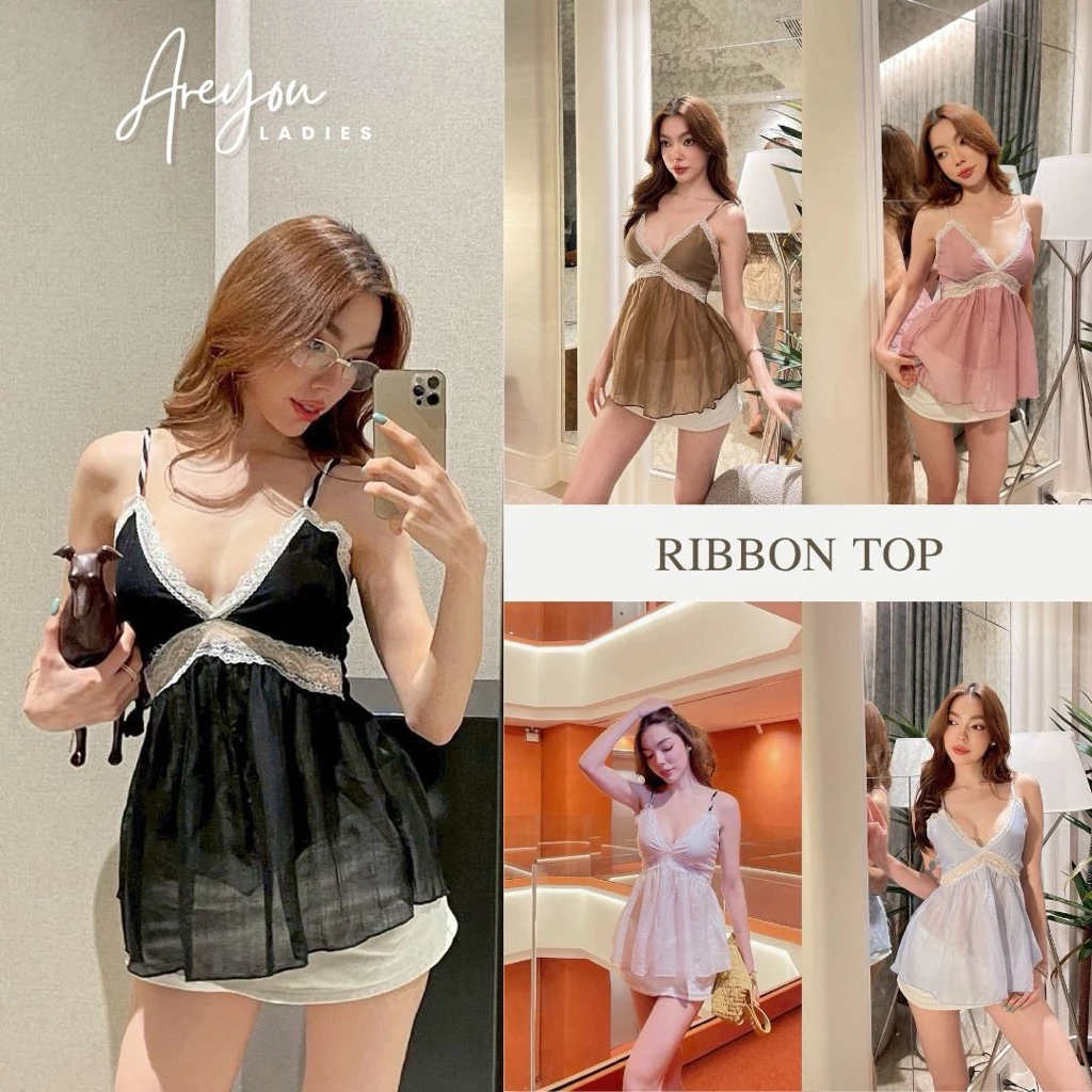 NO.644 Ribbon Top เสื้อสายเดี่ยวขอบลูกไม้ผ้าไหมเกาหลี