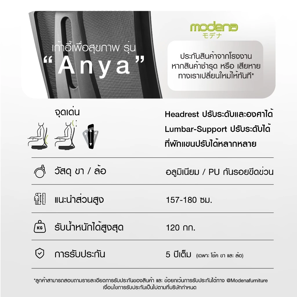 MODENA เก้าอี้เพื่อสุขภาพ รุ่น ANYA ออกแบบเพื่อสรีระคนไทย (เฉพาะพื้นที่ กทม.ส่งฟรีแบบประกอบ) thumbnail 7