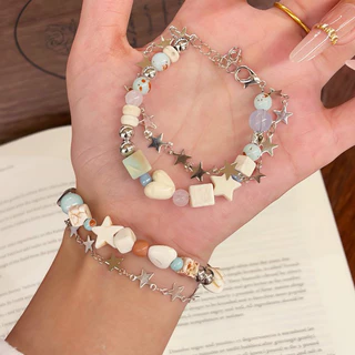 bracelet สร้อยข้อมือ ประดับลูกปัดเซรามิค ins สองชั้น ดาว สีครีม สไตล์ชนเผ่า ละเอียดอ่อน ปรับขนาด COD
