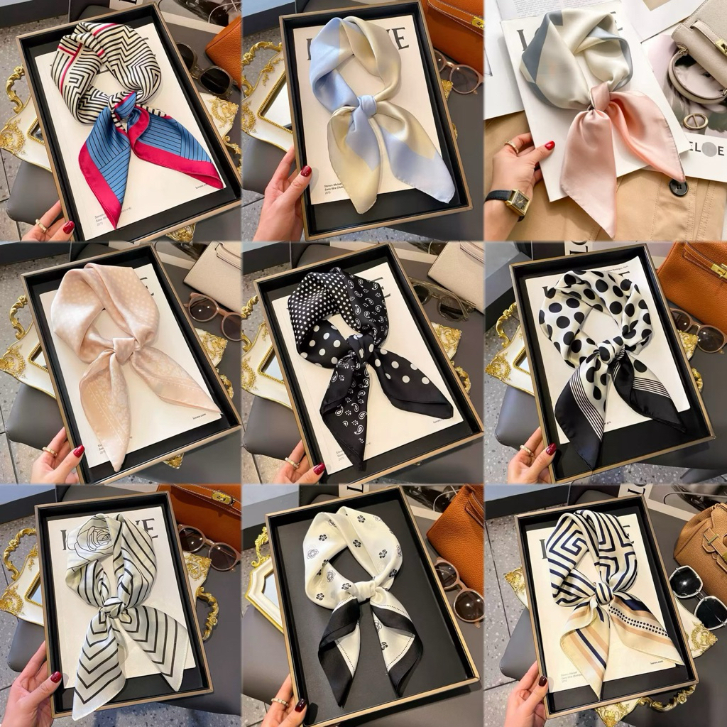 ผ้าพันคอซิลค์ มีให้เลือกหลายลาย ผ้าโพกผม ลายวินเทจ แฟชั่น สายแฟ 70 ซม. ใส่สงกรานต์ ทะเล ซัมเมอร์ [BD-SC]