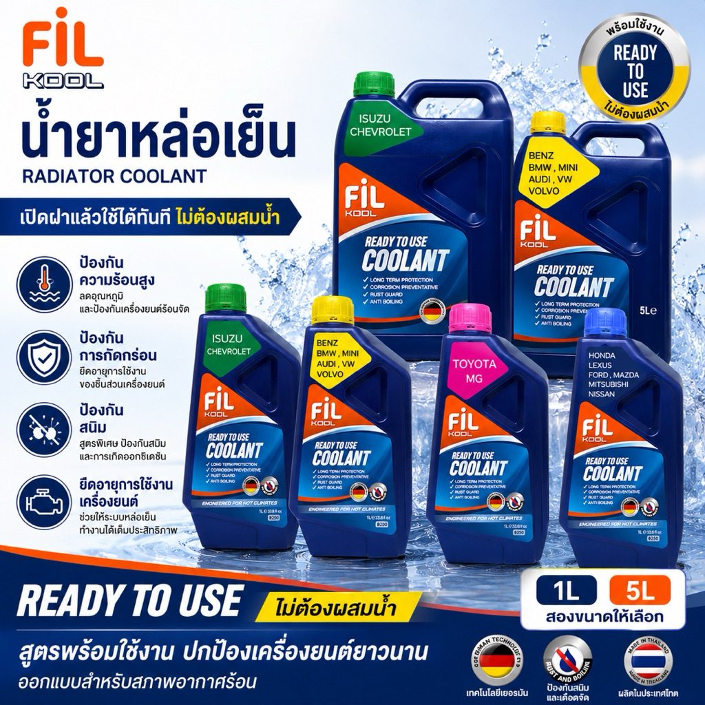 Fil Kool Coolant Ready To Use น้ำยาหล่อเย็นหม้อน้ำ ป้องกันสนิม ปกป้องเครื่องยนต์ โรงงานผู้ผลิตโดยตรง 1L / 5L
