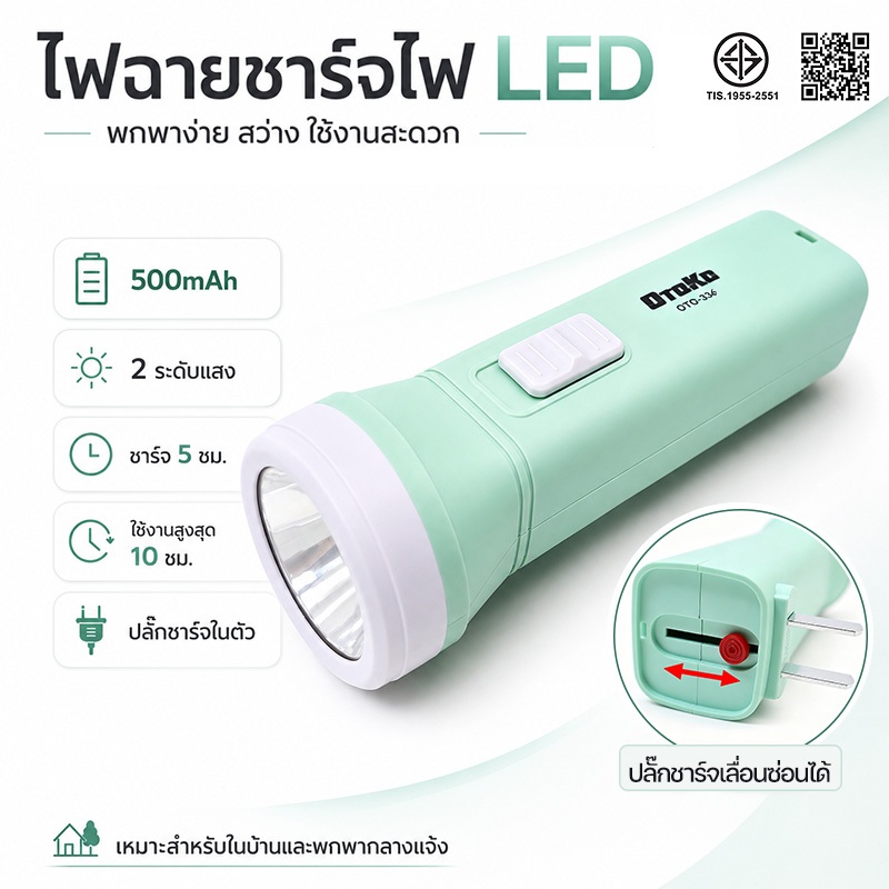 ส่งไว🔥ไฟฉายชาร์จ LED แบตเตอรี่ 500mAh ปลั๊กชาร์จในตัวเลื่อนได้ ระยะเวลาใช้งานนาน ใช้ตอนไฟดับ ตกปลา เดินป่า