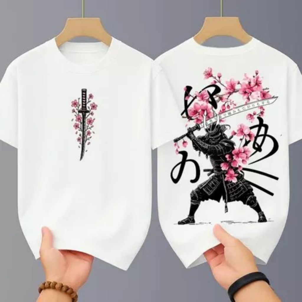 Oversize Heavy Cotton T-shirt Front Back Samurai Sword Sakura Japanese Letter Print Japan Streetwear Unisex เสื้อยืดลายซ