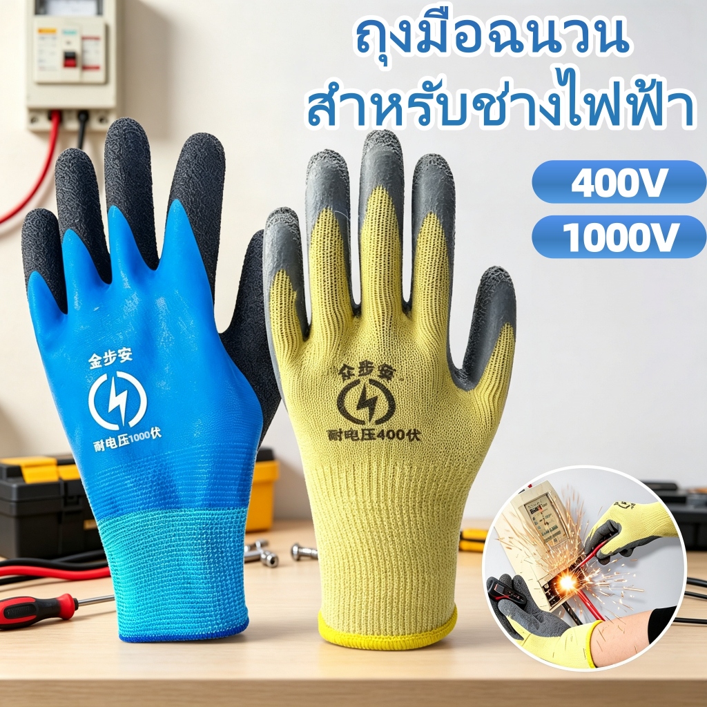 ถุงมือฉนวนป้องกันไฟฟ้า 400-1000V ทนทานยืดหยุ่น เหมาะช่างไฟฟ้าซ่อมวงจร งานสวนกันหนาม ใส่ทำงานปลอดภัย