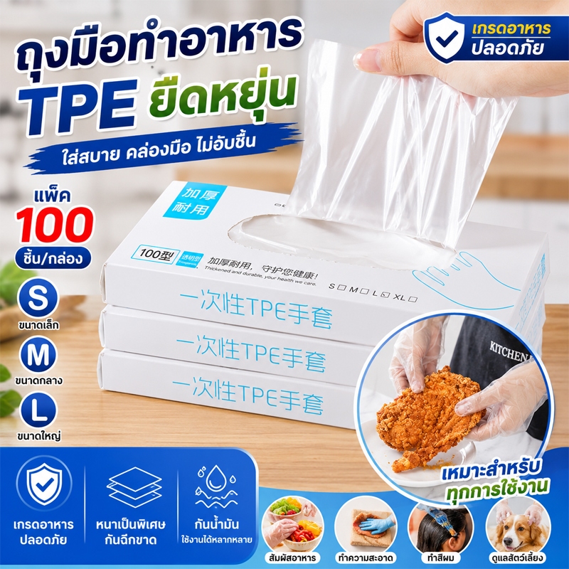 ถุงมือ TPE Food Grade 100 ชิ้น ถุงมือทำอาหาร แบบใช้แล้วทิ้ง เหนียว ไม่ขาดง่าย กันน้ำ S M L