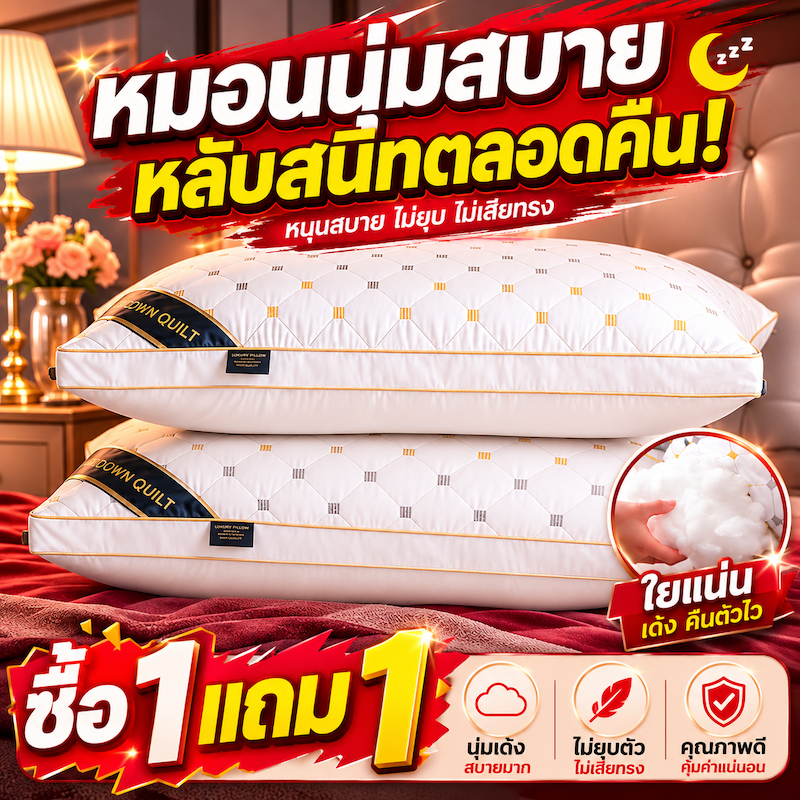 ซื้อ1แถม1 หมอน หมอนโรงแรมฮิลตัน 5 ดาว หมอนหนุนสุขภาพ 1000g นุ่มฟู ลดปวดคอ ป้องกันไรฝุ่น ระบายอากาศ