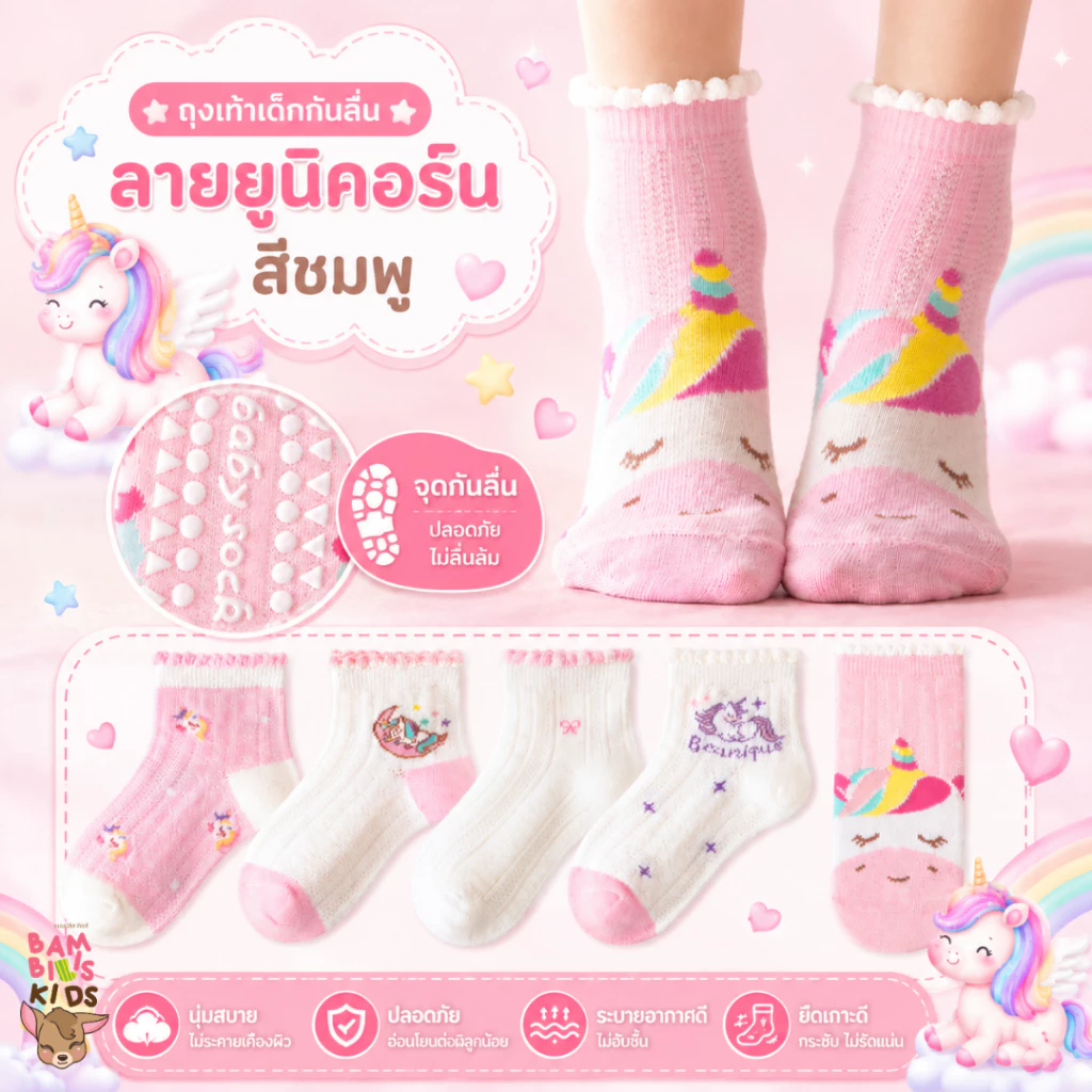 Bambilis : ⚡พร้อมส่ง⚡ ถุงเท้าเด็ก ถุงเท้าเด็กกันลื่นข้อสั้น 1 แพคมี 5 คู่ ลายยูนิคอร์นชมพู