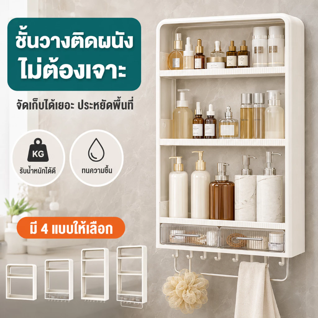 ชั้นวางของในห้องน้ำ ติดผนัง ไม่ต้องเจาะ มีลิ้นชักใส ตะขอแขวน ห้องน้ำ ห้องครัว ชั้นวางของติดผนัง