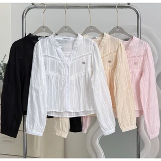 SISSY : เสื้อคอปีนวีแขนยาว (XS-XXL) ผ้าลินินฉลุแต่งลูกไม้ ทรงปล่อยหวานละมุน สวมใส่สบาย ระบายอากาศได้ดี