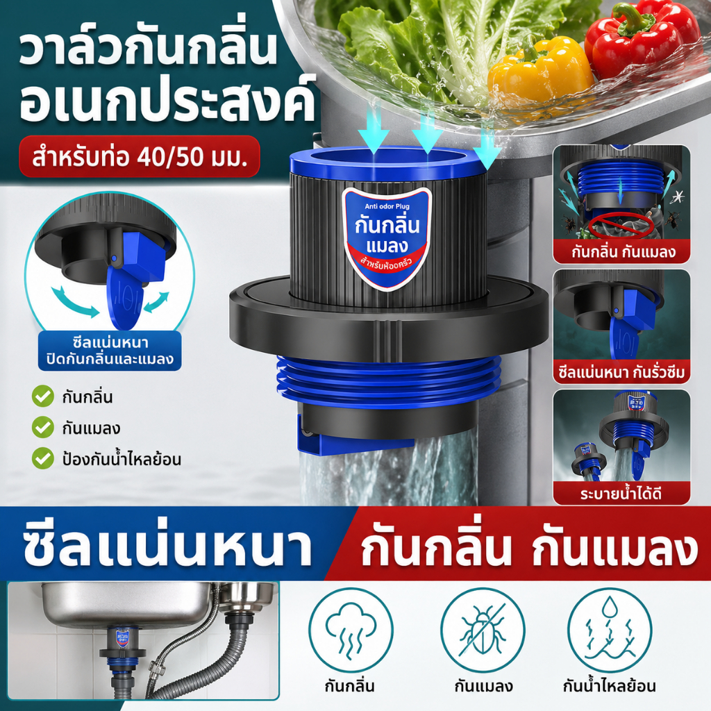วาล์วกันกลิ่นย้อน สำหรับท่อระบายน้ำ ขนาด 50/75 มม. ปลั๊กกันกลิ่น ท่อระบายน้ำในครัว/ห้องน้ำ แบบสากล พร้อมแหวนซีล