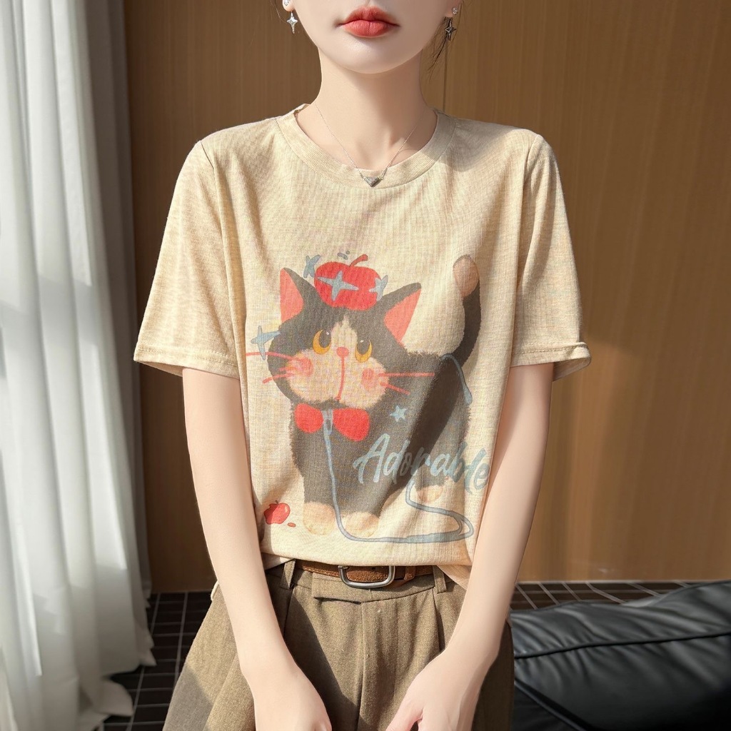 เสื้อยืดแขนสั้นลายแมวน่ารัก เรียบง่าย เหมาะสำหรับใส่ไปทำงาน สไตล์ใหม่รับซัมเมอร์ ทันสมัย ​​ดูอ่อนเยาว์ และดูดีมีระดับ