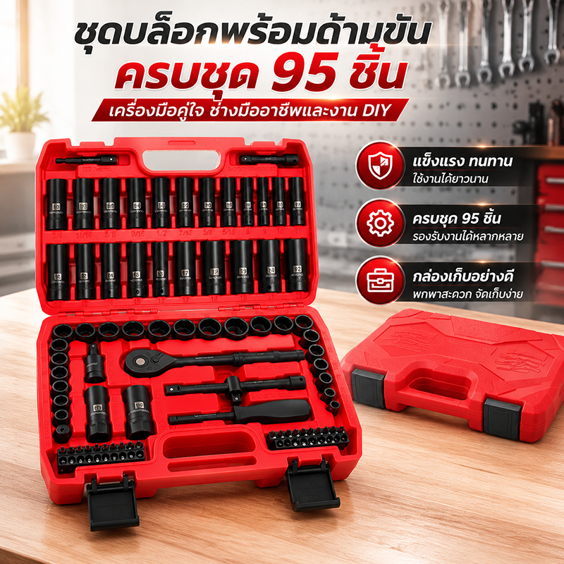 ชุดบล็อก 95 ชิ้น ชุดเครื่องมือ ประแจ ขนาด1/4" 3/8"ประแจ ด้ามฟรี ประแจบ็อก ลูกบ็อก ชุด บล๊อก ประเเจ / ชุดประแจ