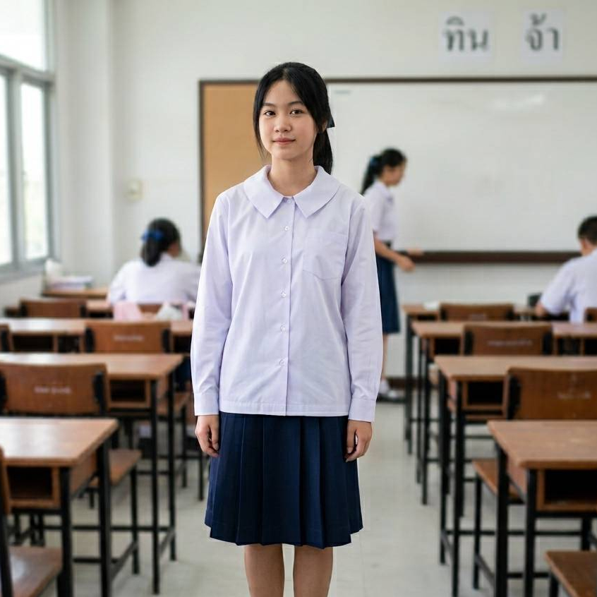 เสื้อคอบัวแหลม เอวปล่อย แขนยาวตราสมอ พร้อมบิลเบิกได้
