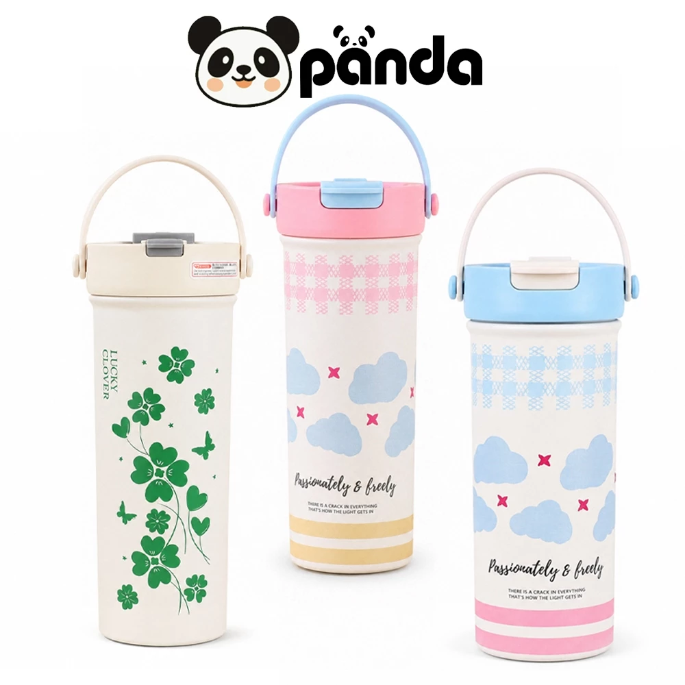 PANDA แก้วกาแฟ สแตนเลส 600ML แก้วเก็บความเย็น 1 ฝา 2 หัวดื่ม กระติกสุญญากาศ สแตนเลส304 ชุดภาพวาดลายพิเศษ 3สี