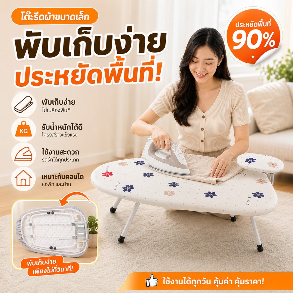 โต๊ะรองรีดผ้าพับได้ โต๊ะรีดผ้าขนาดเล็ก แบบตั้งโต๊ะ พับเก็บง่าย ประหยัดพื้นที่ ใช้งานสะดวก สำหรับบ้าน คอนโด และหอพัก