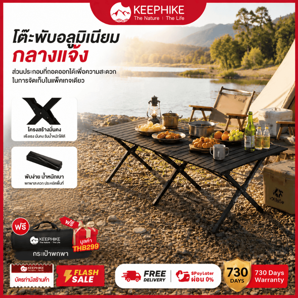 KEEPHIKE โต๊ะปิกนิกอัลลอยด์แบบพกพา พับได้ สำหรับตั้งแคมป์กลางแจ้ง 60-120CM รับน้ำหนักได้ถึง 150กก