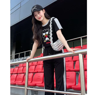 (มี3XL) มี 3 สี New Cute Set ผ้าวอร์มนาโนเนื้อนิ่ม เสื้อยืดปักลาย + กางเกงขายาวมีกระเป๋าข้างเอวสม็อคแต่งแถบข้าง