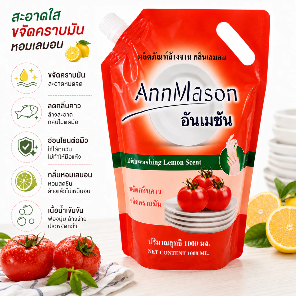 XJJ-01【annmason】 น้ำยาล้างจาน กลิ่นเลมอน 1000 มิลลิลิตร สูตรเข้มข้น ถุงเติมพร้อมฝาเท