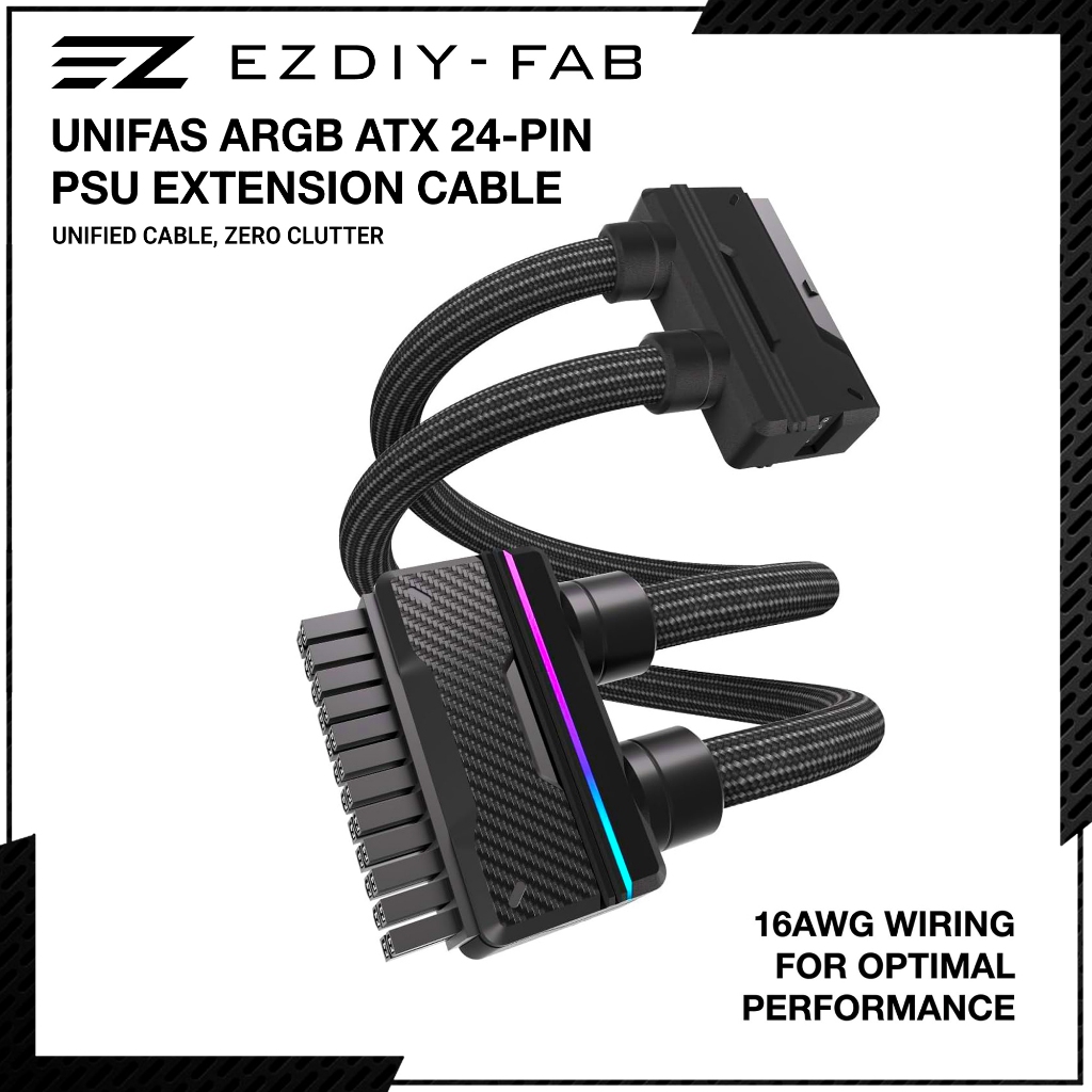 EZDIY-FAB UNIFAS ARGB 24Pin PC PSU Extension Cable,16AWG ATX 24Pin Power Extension - BLACK