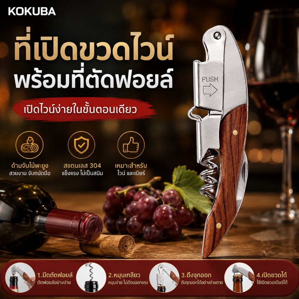 ที่เปิดขวดไวน์แบบเกลียวมืออาชีพ พร้อมเครื่องตัดฟอยล์ สแตนเลส สำหรับอุปกรณ์ครัว🧨พร้อมส่ง🧨