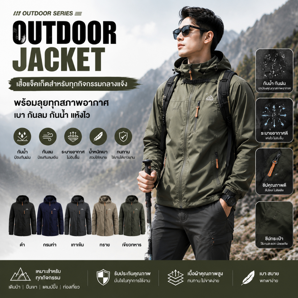 【COD】เสื้อแจ็คเก็ต Outdoor ผู้ชาย กันน้ำ กันลม ระบายอากาศดี แห้งไว น้ำหนักเบา เสื้อเดินป่า ปีนเขา