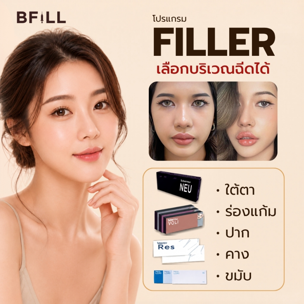 โปรแกรม FILLER Neuramis or E.P.T.Q. or Volifil or Lorient or Restylane ro Juvederm เลือกบริเวณฉีดได้