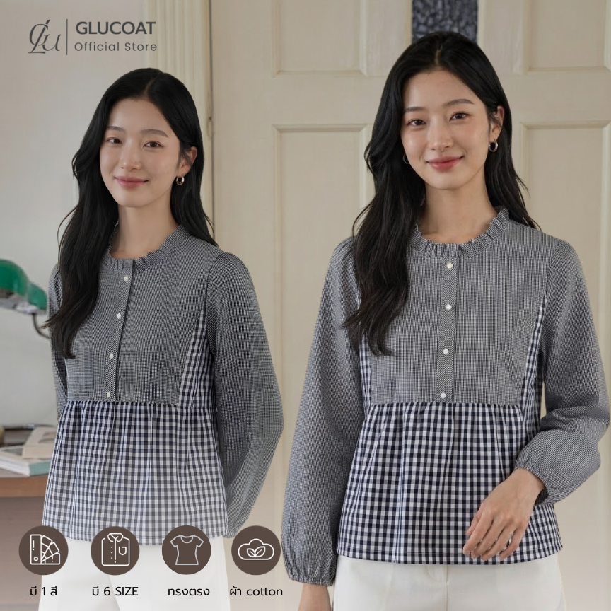 Glucoat | [A804] เสื้อแขนยาวลายสก็อต คอระบาย แต่งกระดุมมุกสีขาว ซิปหลังยาว
