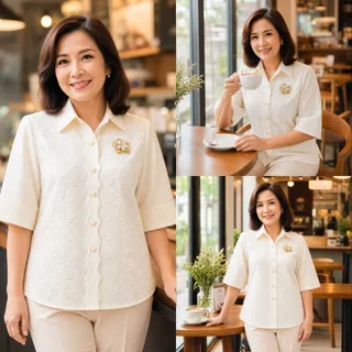 ร้านแชมป์อุดร เสื้อลูกไม้ผ้าบางคอปก มีมากกว่า 10 สี อก 40,42,44,46,48,50